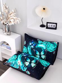 2pcs Romantic Rose & Butterfly Printed Pillowcase Without Inner Core - Multicolor - View 4