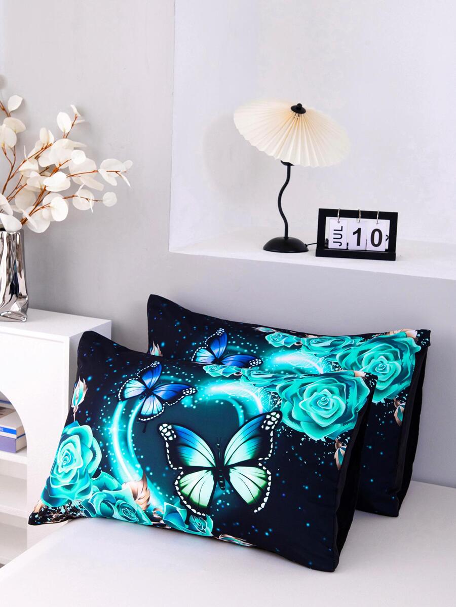 2pcs Romantic Rose & Butterfly Printed Pillowcase Without Inner Core - Multicolor - View 1