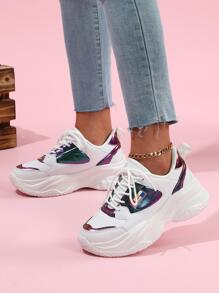 女性透氣字母圖案繫帶老爹鞋,運動戶外運動鞋 - 彩色 - 查看 1