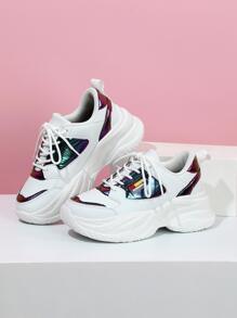 女性透氣字母圖案繫帶老爹鞋,運動戶外運動鞋 - 彩色 - 查看 3