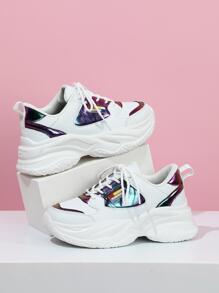 女性透氣字母圖案繫帶老爹鞋,運動戶外運動鞋 - 彩色 - 查看 4