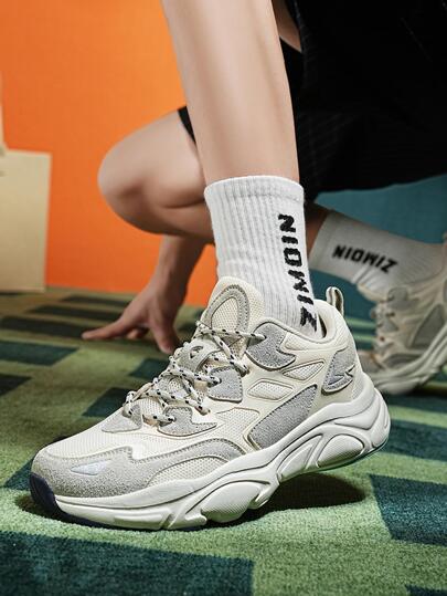 Men Lace Up Two Tone Sneakers, Sporty Outdoor Mesh Chunky Sneakers