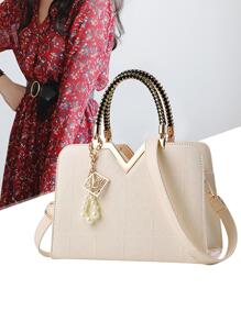 女士手提包PU皮革托特包雙把手刺繡斜挎包單肩包簡約風格 - 白色 - 查看 2