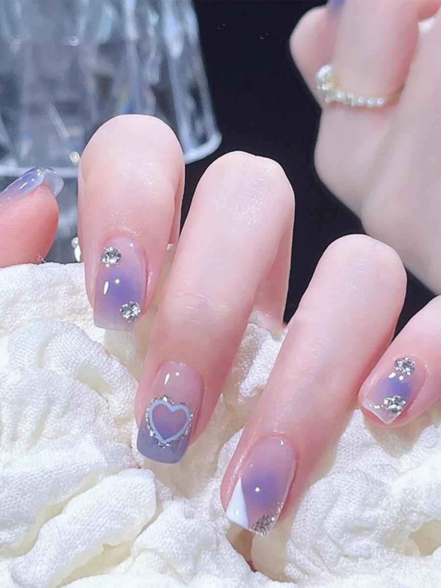 Elevate Your Style With 24pcs Medium Square Rhinestone Decor Ombre Full Cover Fake Nail Press On Nails False Nails Manicure Kit - Multicolor - View 1