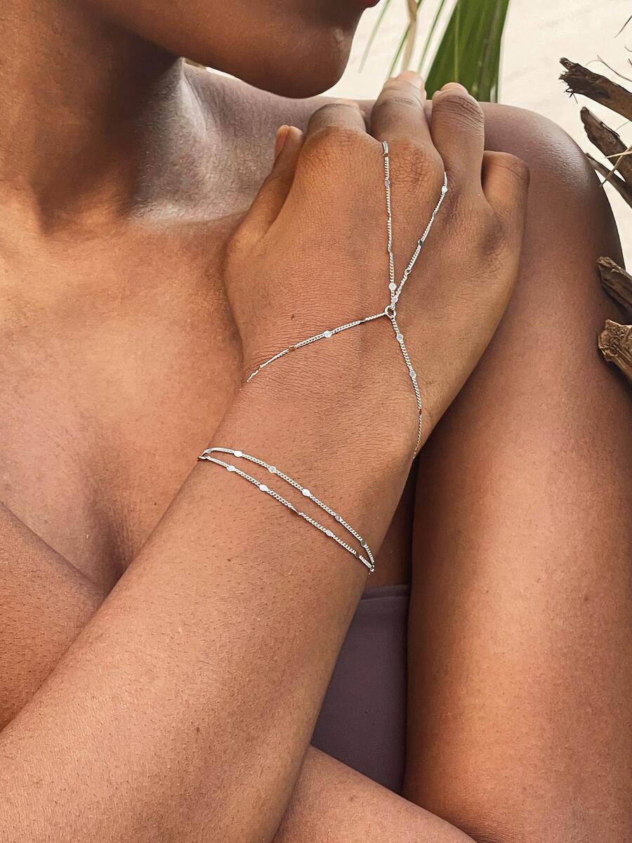 2入組簡約風復古風格時尚鏈條連接的手指手鐲套裝適用於女性休閒&假期首飾類 - 銀色 - 查看 1