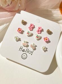 1 套桃花花卉粉色泰迪熊耳环 - 彩色 - 查看 11