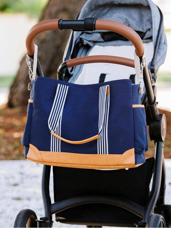 1pc Baby Striped Pattern Multifunctional Tote Diaper Bag For Daily Life