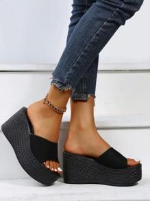 Women Single Band Sandals, Vacation Summer Black Fabric Wedge Slide Sandals - Black - View 4