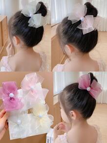 1pc Girls Organza Bow Bun Claw Clip, Suitable For Everyday Or School Wear To Tie Buns, Ponytails - Baby Pink - View 1