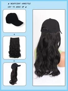 20英寸/50厘米一片式假髮帽女士大波浪長款捲髮黑色帽子棒球帽假髮 - 黑色 - 查看 2