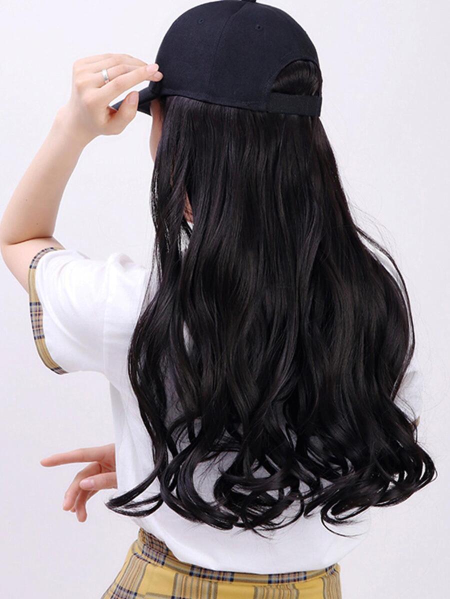 20英寸/50厘米一片式假髮帽女士大波浪長款捲髮黑色帽子棒球帽假髮 - 黑色 - 查看 1