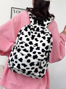 輕便,便攜,柔軟,毛絨,蓬鬆休閒,時尚大容量,輕便牛花紋毛絨經典背包中號拉鍊學院風適用於少女女大學生、白領職員,適用於學校、大學、工作,商務,通勤,返校必備,秋冬季節必備,戶外、暖冬適用