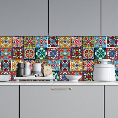 10pcs/20pcs Mandala Colorful Tile Stickers For Kitchen, Self-Adhesive Waterproof And Oil-Proof PVC Wall Decals