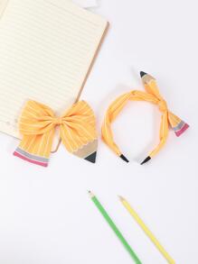 1入組女孩鉛筆圖案蝴蝶結裝飾可愛髮箍和1入組鴨嘴夾適用於後至開學季 - 彩色 - 查看 5