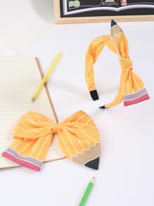 1入組女孩鉛筆圖案蝴蝶結裝飾可愛髮箍和1入組鴨嘴夾適用於後至開學季 - 彩色 - 查看 1