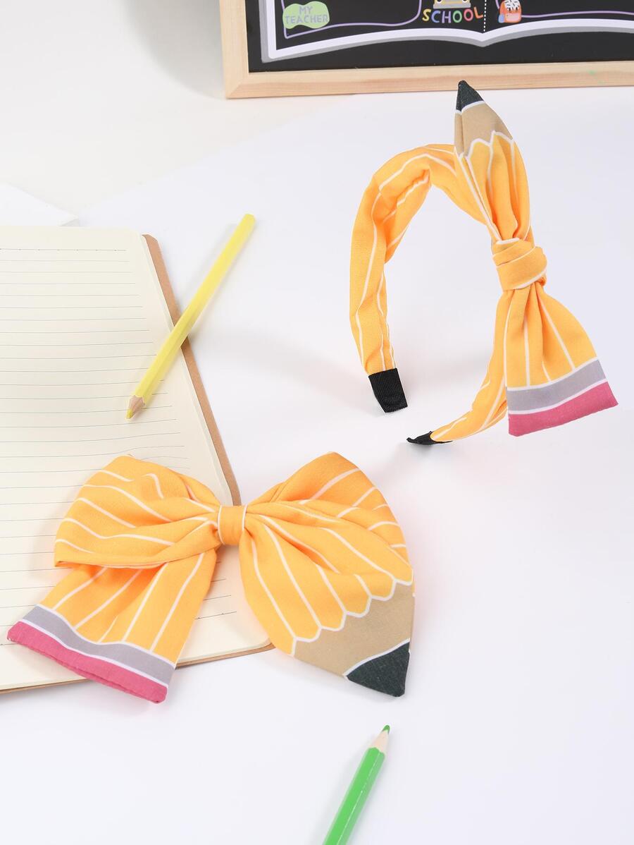 1入組女孩鉛筆圖案蝴蝶結裝飾可愛髮箍和1入組鴨嘴夾適用於後至開學季 - 彩色 - 查看 1