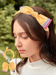 1入組女孩鉛筆圖案蝴蝶結裝飾可愛髮箍和1入組鴨嘴夾適用於後至開學季 - 彩色 - 查看 4