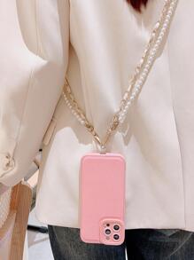 Solid Phone Case With Faux Pearl Lanyard - Pink - View 1
