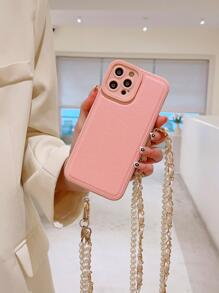 Solid Phone Case With Faux Pearl Lanyard - Pink - View 2
