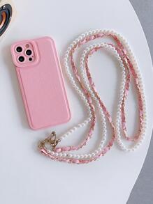 Solid Phone Case With Faux Pearl Lanyard - Pink - View 4