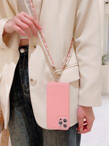 Solid Phone Case With Faux Pearl Lanyard - Pink - View 6
