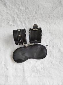 2pcs Black Game PU Leather Plush Sexy Handcuffs Blindfold Eye Patch Set Of 2 Supplies For Women