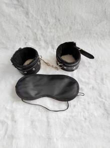 2pcs Black Game PU Leather Plush Sexy Handcuffs Blindfold Eye Patch Set Of 2 Supplies For Women