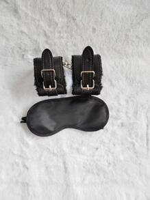 2pcs Black Game PU Leather Plush Sexy Handcuffs Blindfold Eye Patch Set Of 2 Supplies For Women