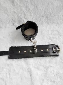 2pcs Black Game PU Leather Plush Sexy Handcuffs Blindfold Eye Patch Set Of 2 Supplies For Women