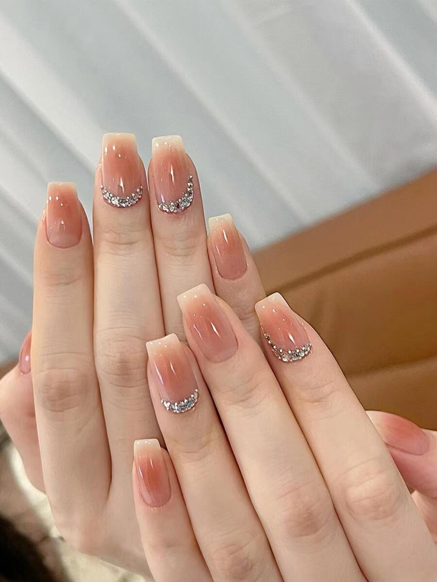 Upgrade Your Look With 24pcs Short Coffin Rhinestone Decor Nude Pink Full Cover Fake Nail Kit - Multicolor - View 1