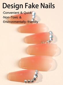 Upgrade Your Look With 24pcs Short Coffin Rhinestone Decor Nude Pink Full Cover Fake Nail Kit - Multicolor - View 3