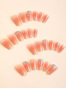 Upgrade Your Look With 24pcs Short Coffin Rhinestone Decor Nude Pink Full Cover Fake Nail Kit - Multicolor - View 2