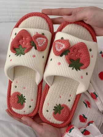 Women's Casual Cute Strawberry Pattern Indoor House Slippers, Open Toe Linen Slippers