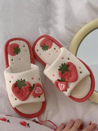 Women's Casual Cute Strawberry Pattern Indoor House Slippers, Open Toe Linen Slippers