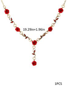 1pc Fashionable 19.29in Alloy Rose Flower Necklace - Red - View 3