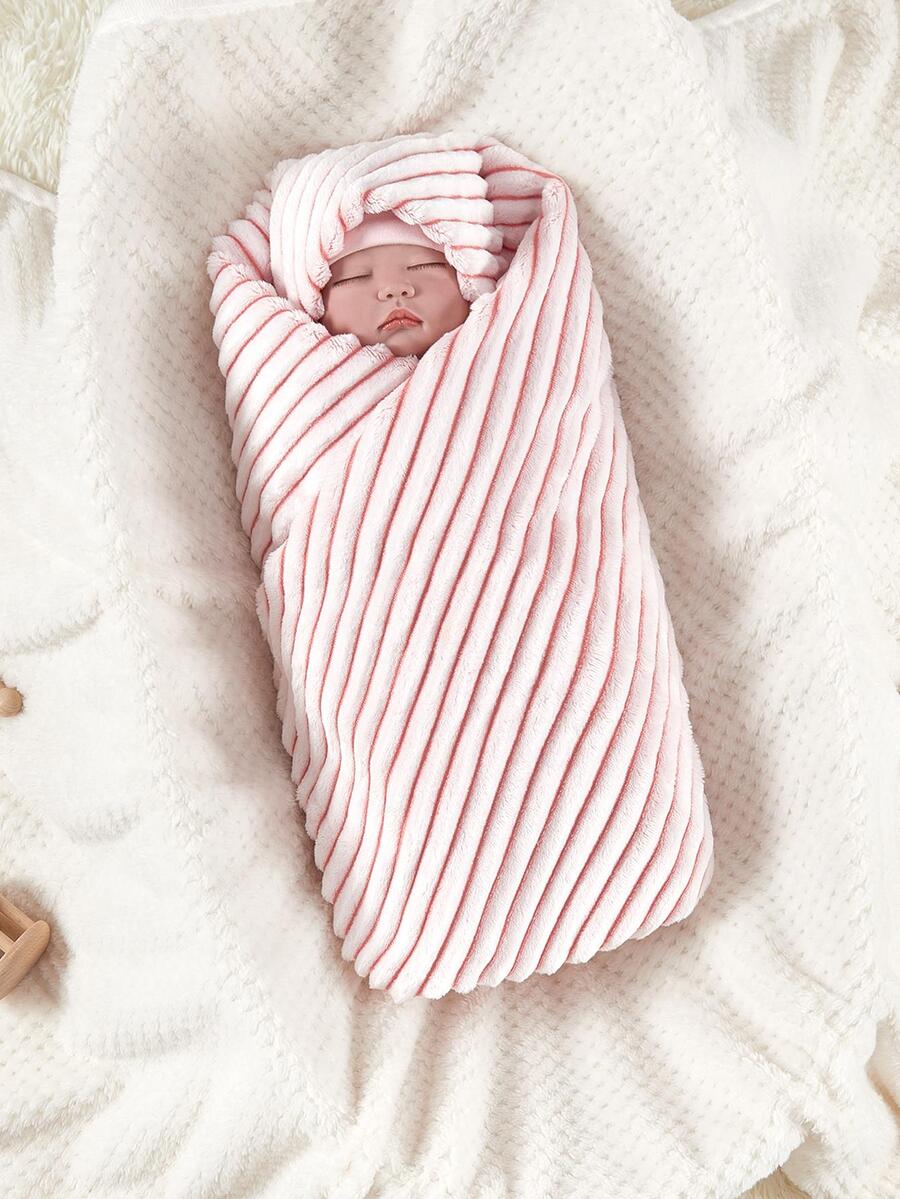 1pc Striped Flannel Baby Swaddle Blanket - Pink - View 1