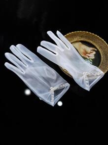 白色优雅新娘手套，饰以人造珍珠，适合女士婚礼或舞会佩戴，短款全指透明手套，秋季配饰 - 白色 - 查看 3