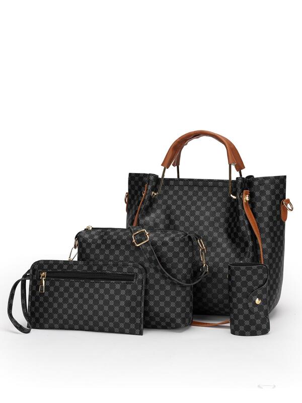 4pcs Bag Set Geometric Pattern Tote Handbag With Clutch, Wallet And