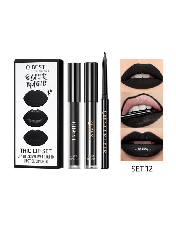QIBEST Trio Lip Set, 3Pcs Non-Stick Cup Long-Lasting Moisturizing Liquid Lipstick & Lip Liner