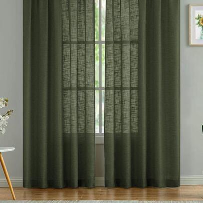 1pc Japanese-Style Sheer Linen-Like Cross-Striped Curtain, Suitable For Bedroom, Living Room And Various Occasions