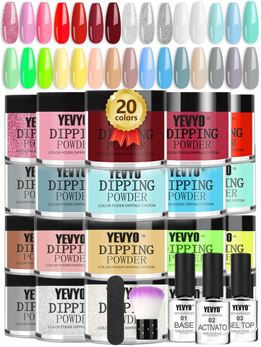 YEVYO Dip Powder Nail Kit Starter, Clear Nude Pink Glitter 20 Colors Dip Nails Powder Starter Kit with Base/top Coat Activator for  Nail Manicure Art Set Salon DIY Home All Seasons Nail Design Kit - 彩色 - 查看 1