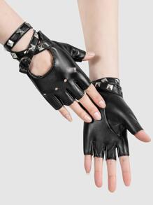1雙騎摩托車鉚釘PU皮革舞蹈半指手套適合女士 - 黑色 - 查看 3