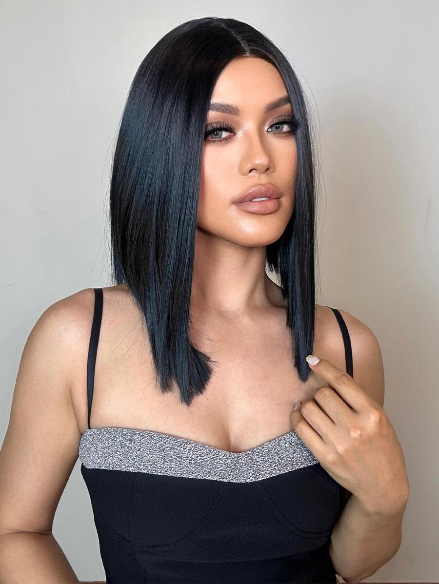 自然黑色短直筒波波頭頭髮合成假髮適合女士日常派對使用無膠看起來自然假髮12英寸 - 黑色 - 查看 1