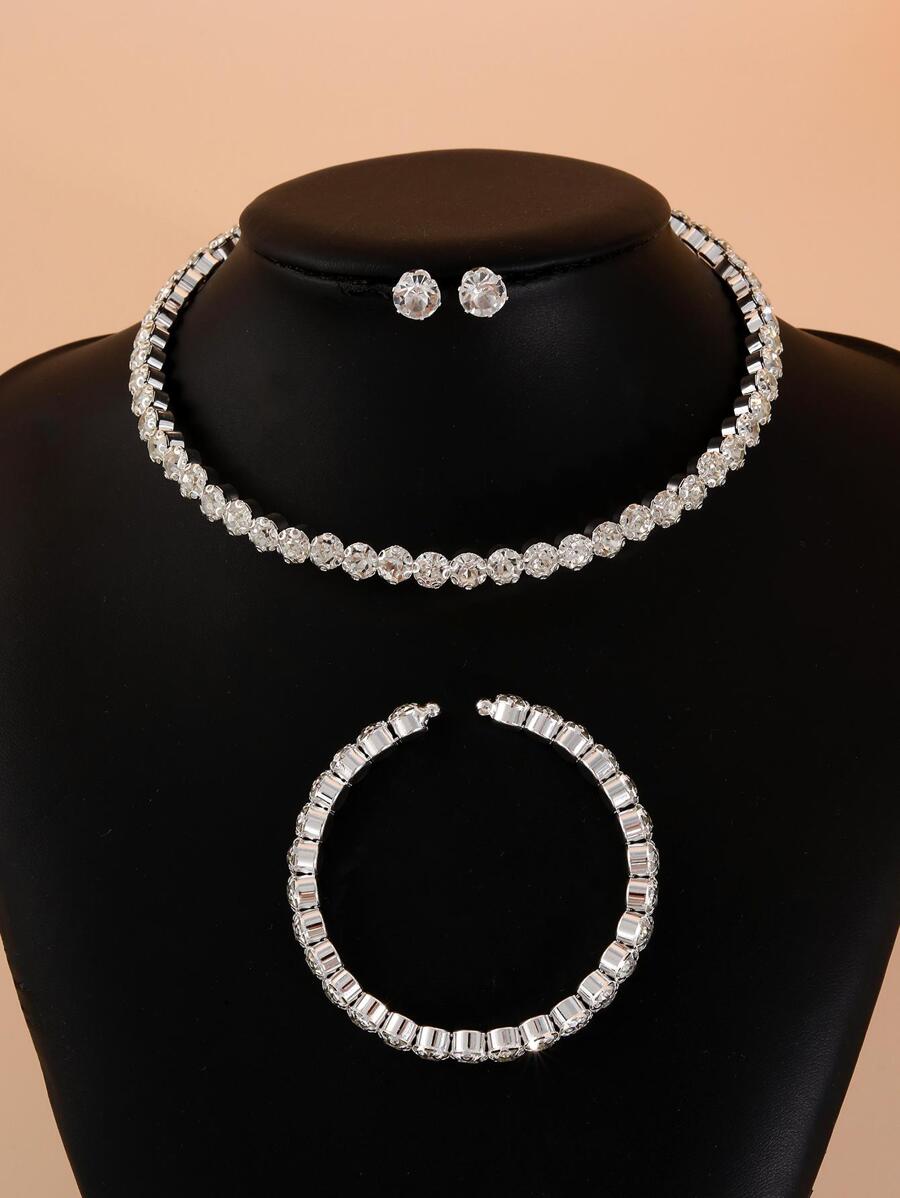 Vòng cổ trang trí bằng đá rhinestone & Bông tai & Lắc tay - Bạc - Xem 1