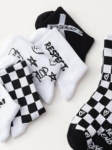 7 Pairs Of Men's Simple, Fashionable, Comfortable And Versatile Street Black And White Letter Pattern Mid-Tube Socks - Black and White - View 7