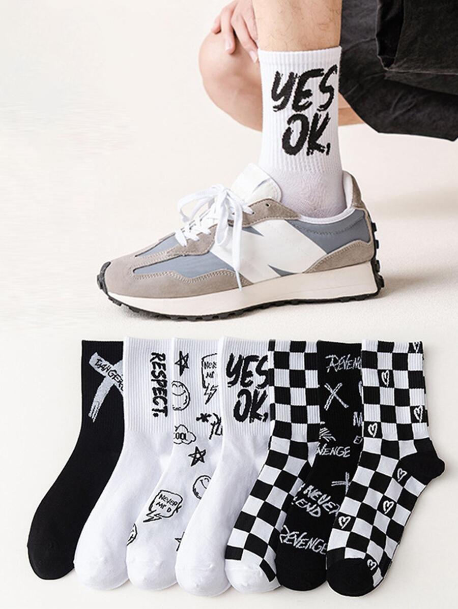7 Pairs Of Men's Simple, Fashionable, Comfortable And Versatile Street Black And White Letter Pattern Mid-Tube Socks - Black and White - View 1