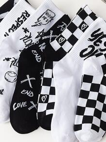 7 Pairs Of Men's Simple, Fashionable, Comfortable And Versatile Street Black And White Letter Pattern Mid-Tube Socks - Black and White - View 6