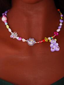 1入組甜美風酷女孩項鍊，帶有可愛小熊吊墜，表面呈彩色糖果狀 - 紫色 - 查看 2