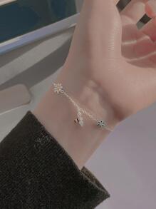 BALMORA 1入組時尚S925純銀甜美風花和方晶鋯石和蜜蜂裝飾手環適合女士,派對,友誼禮品 - 銀色 - 查看 3