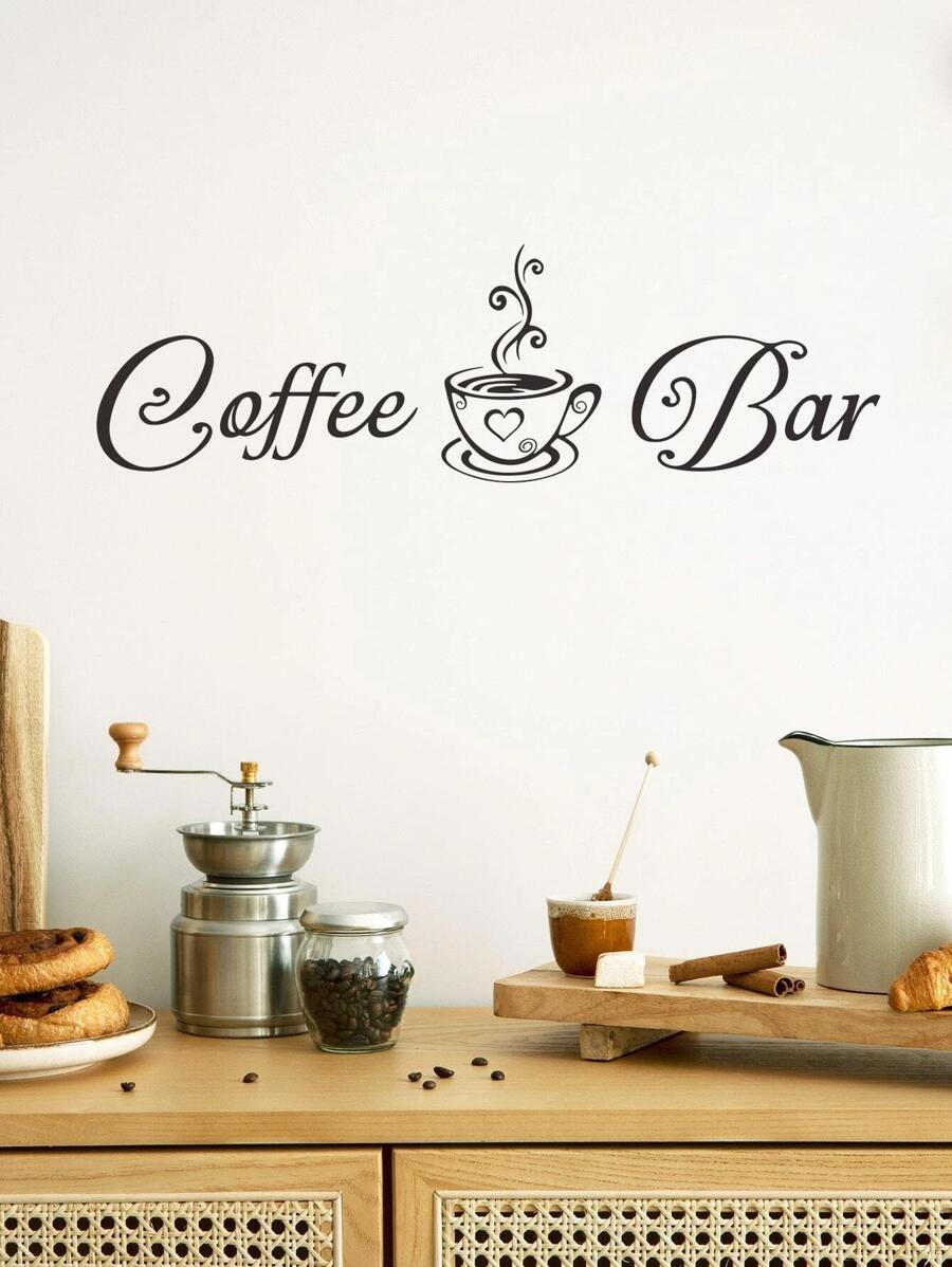 1pc Coffee & Letter Graphic Wall Sticker, Modern PVC Sign Print Wall Decal For Home Decoration - Black - View 1